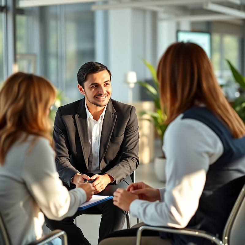 Een professioneel sollicitatiegesprek in een moderne kantooromgeving, met een kandidaat en twee interviewers.