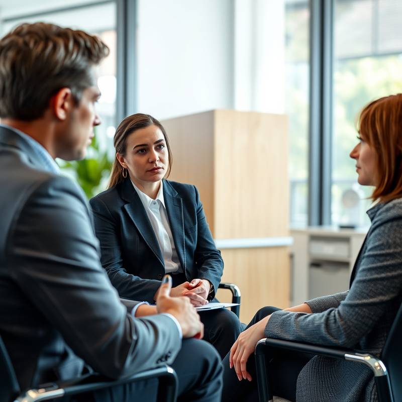 Twee interviewers voeren een diepgaand gesprek met een kandidaat in een professionele setting. De sfeer is serieus en gefocust.